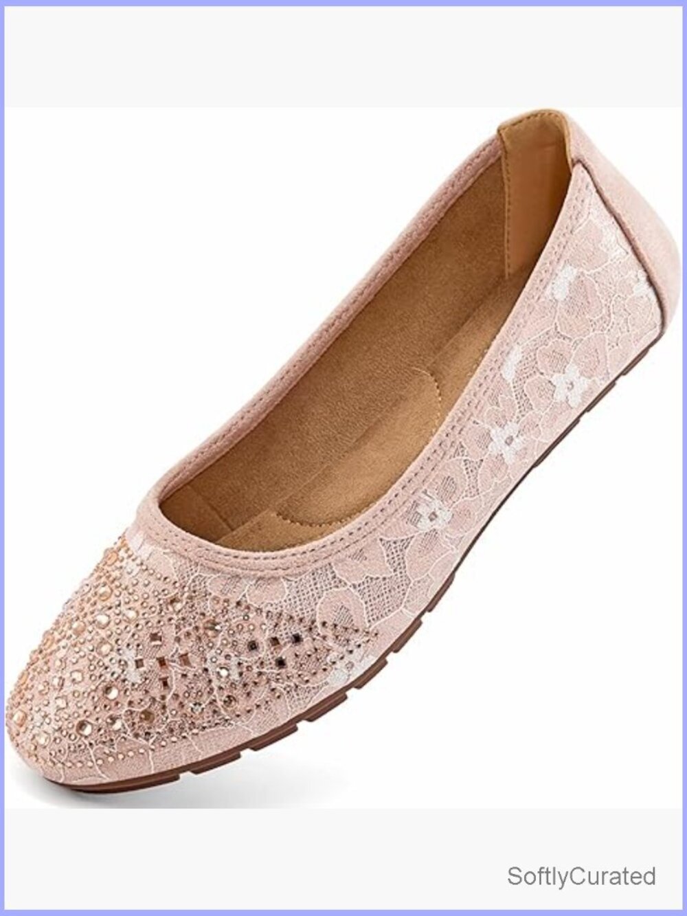 Rhinestone Lace Ballet Flats with Memory Foam, Slip-On Wedding Office Shoes